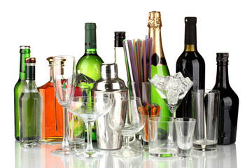 Collection of various glasses and drinks isolated on white