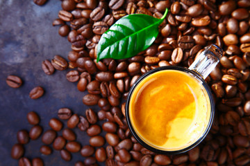 Cup of Coffee with Beans and Leaf