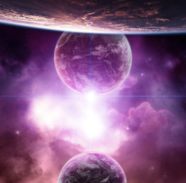 Fototapeta Planet with violet nebula and rising Star