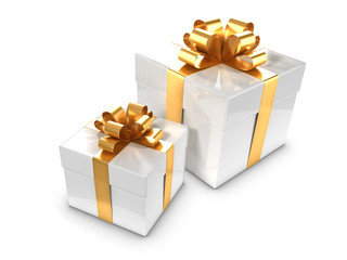 Two White Gift boxes with gold bows and ribbons