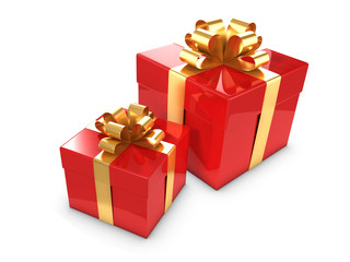 Two Red Gift boxes with gold bows and ribbons