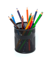 pencils in pencil holder isolated on white background