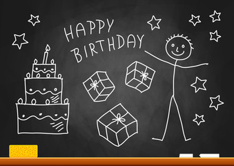 Drawing of boy and cake on blackboard