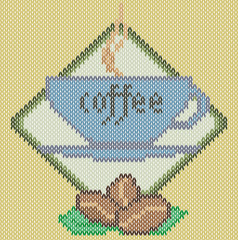 Coffee cup icon on knitted background