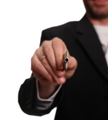 Hand with key isolated over white background