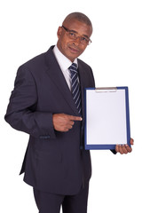 black businessman with panel.