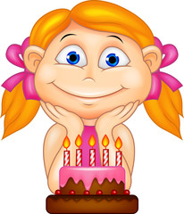 Illustration of little girl with birthday cake