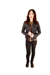 Woman in leather jacket.