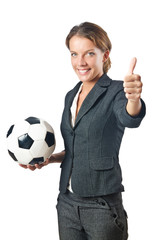 Businesswoman with football on white