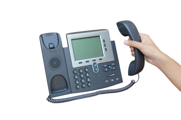 Holding IP phone isolated over white backgroud
