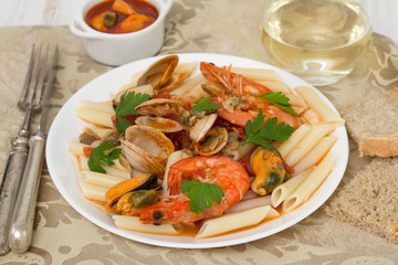 penne with seafood and white wine