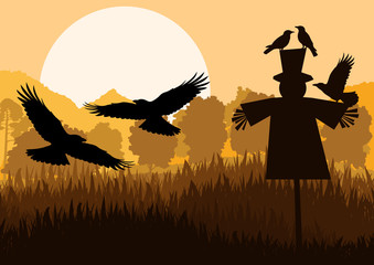 Scarecrow with flying crows in autumn countryside field landscap
