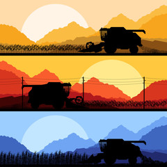 Combine harvesting crop in grain fields vector © kstudija