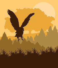 Swooping eagle attacking in forest vector