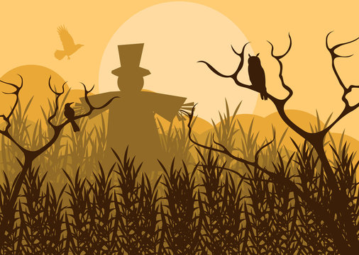 Halloween background vector with owl and pumpkin guy