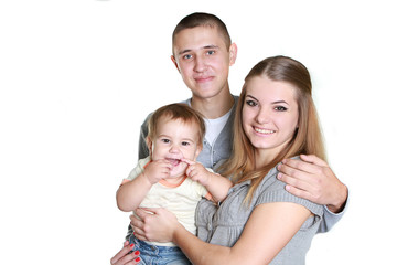 young happy family with child, studio portrait, isolated over wh