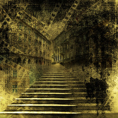Fototapeta na wymiar Osobliwe miasto ze starymi kamiennymi schodami na starożytnej backgroun papieru