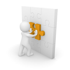 3d man pushing puzzle piece into wall