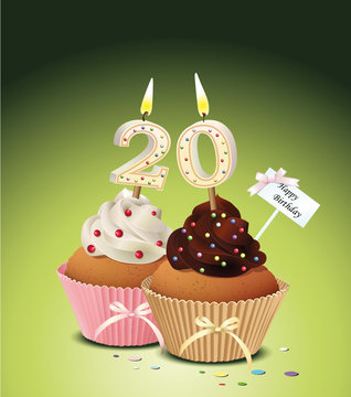 Cupcake mit Geburtstagskerze die Zahl 20