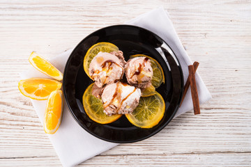 chocolate vanilla ice  with roasted ones orange