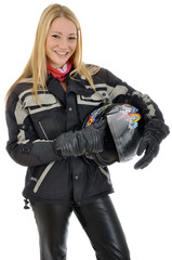 Junge Frau im Motorradkleidung