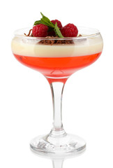 fruit jelly with chocolate and raspberries in glass isolated