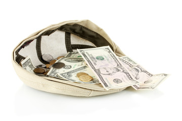 cap with money on a white background