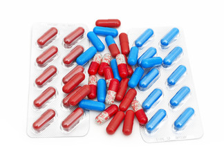 macro of medical pills isolated on white background