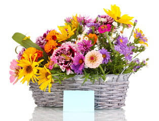 beautiful bouquet of bright flowers in basket isolated on white