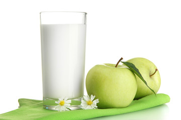 Glass of kefir and green apples, isolated on white