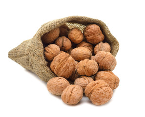 Walnuts in a bag on a white background
