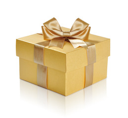 Golden gift box with golden ribbon over white