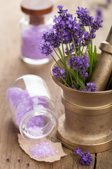 mortar with fresh lavender and salt