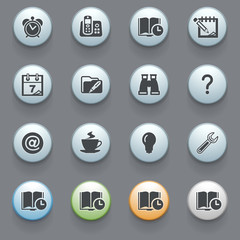 Organizer icons with color buttons on gray background.