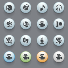 Naklejka premium Audio video icons with color buttons on gray background.