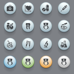 Medicine icons with color buttons on gray background. Set 2.