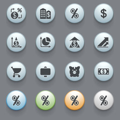 Naklejka premium Finance icons with color buttons on gray background.