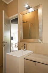 Washbasin and mirror in a little modern bathroom