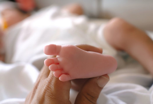 new born baby feet in hand
