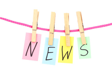 Colorful word hang on rope by wooden peg isolated on white