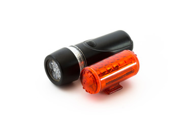 Bicycle rear red and white front blinking lights isolated on whi