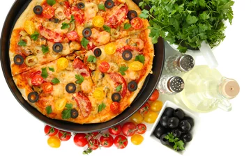 Meubelstickers colorful composition of delicious pizza, vegetables and spices © Africa Studio