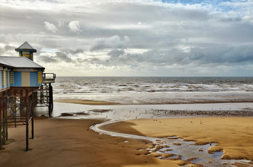 Fototapeta na wymiar Sea view at Blackpool, with sandy beach and pier.
