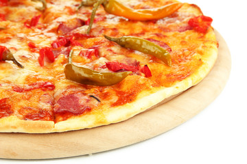 Tasty pepperoni pizza on wooden board isolated on white