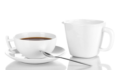 A cup of strong coffee and sweet cream isolated on white
