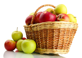 juicy apples in basket, isolated on white