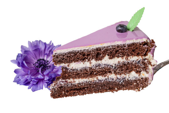 Piece Of Cake With Blueberries  And Purple Flower