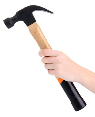 Hammer in woman hand, isolated on white