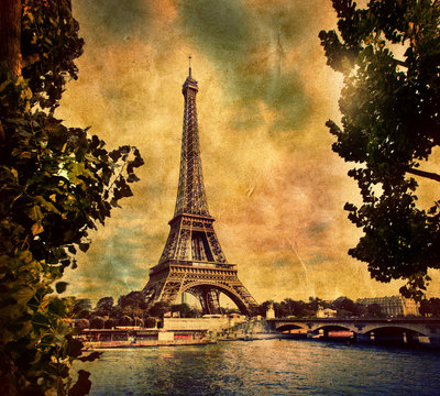 Fototapeta Wieża Eiffla w Paryżu, Fance w stylu retro. Sekwana