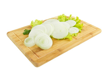 Ripe onion slices on white background